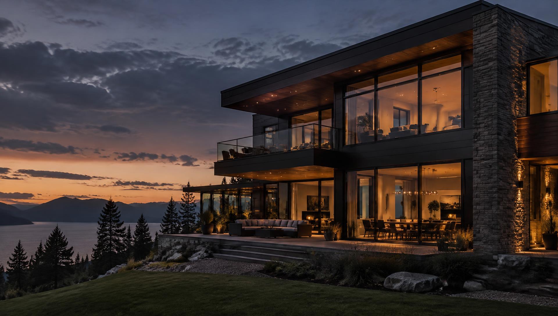 Modern home with large glowing windows at dusk